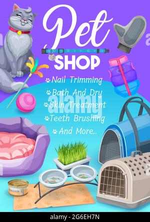 Pet shop cat care items poster with kitten and goods for grooming