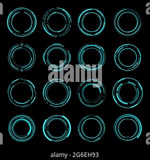 HUD round frames. Aim and target control panels, digital interface of Sci Fi and shooting games. Futuristic head up display frames and borders design Stock Vector