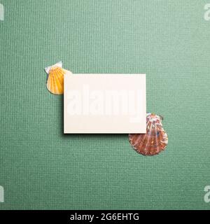 Blank memo pad and seashell on green background. summer marine decoration. top view, copy space Stock Photo