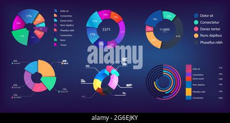 Neon gradient pie chart, infographic collection for reports and presentations, UI, WEB. Mockups circle infochart and Pie charts. 3D, and flat Stock Vector