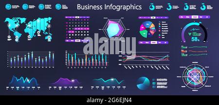 Workflow graphics, charts and diagrams. Dark gradient infographic for business information marketing presentation. Neon business infochart elements Stock Vector