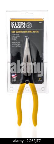 Winneconne, WI - 5 July 2021:  A package of Klein tools side cutting long nose needle nose pliers on an isolated background Stock Photo