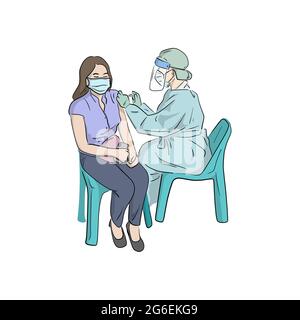 Female doctor giving the coronavirus vaccine to a young woman with medical mask  hand drawn with black lines illustration vector isolated on white bac Stock Vector