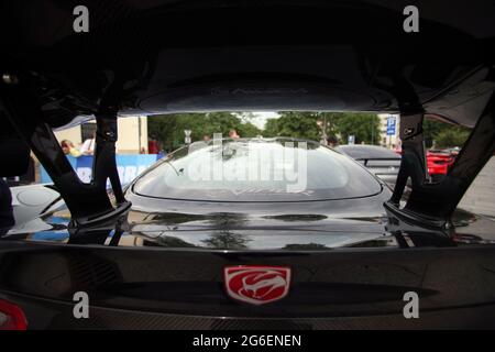 Kracow, Poland. 02nd July, 2021. A back of black dodge viper car seen during the Gran Turismo Polonia in Cracow. The biggest convention of supercars in Poland, Gran Turismo Polonia, took place in Cracow. Over 100 vehicles (e.g. Ferrari, Porsche, Lamborghini) were parked near the Sheraton Gran hotel during the 17th edition of the event. The value of the cars that took part in the convention was estimated at 120 000 000 PLN. Credit: SOPA Images Limited/Alamy Live News Stock Photo