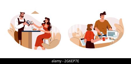 People use phone for scan qr code and quick online internet pay. Buyers paying by app on smartphone in cafe, restaurant or shop. Mobile wireless cashless or contactless payment system flat concept. Stock Vector
