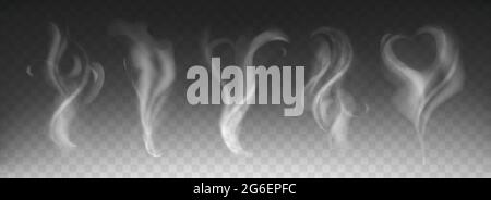 Steam smoke realistic set with heart and swirl shape on dark transparent background. White fume waves of hot drink, coffee, cigarettes, tea or food. Mockup of flow mist swirls. Fog effect concept. Stock Vector