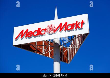 Umea, Norrland Sweden - June 7, 2021: sign for famous electronics store Stock Photo