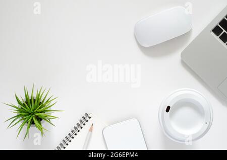 Modern workplace with laptop computer, wireless mouse, coffee cup, smartphone,  notebook, pencil and Tillandsia air plant on white background. Top vie Stock Photo