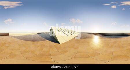 360 degree panoramic view of Colorful 360 degree abstract panoramic background: geometric building of cement.  (Car backplate, 3D rendering computer digitally generated illustrati