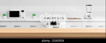 Wooden counter top on kitchen blur background with microwave oven, gas stove, blender and cutting board. Defocused backdrop, 3d design visualization with table countertop, Realistic vector rendering Stock Vector