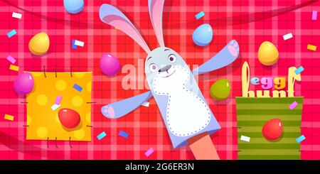 Egg hunt poster. Concept of Easter celebration party, spring holiday event. Vector background with cartoon illustration of bunny puppet on hand, colorful eggs on red tartan plaid with patches Stock Vector