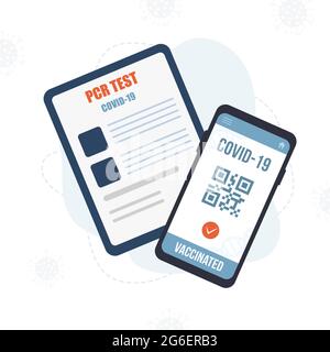 QR code with vaccine passport. Electronic results on smartphone screen. PCR test. Check of safety from covid-19. New normal for travel. Vector Stock Vector