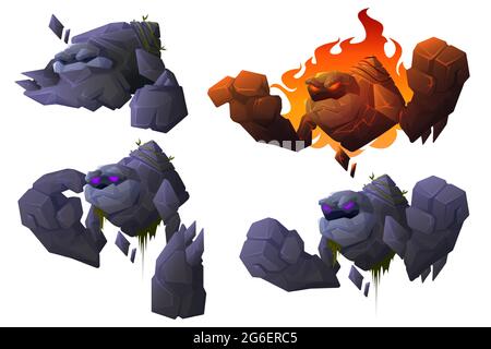 Golem cartoon character, stone monster, mythical creature, mascot with strong hands, glowing eyes and rocky body. Burning giant with lava and flame. Fairy tale personage, vector illustration, set Stock Vector