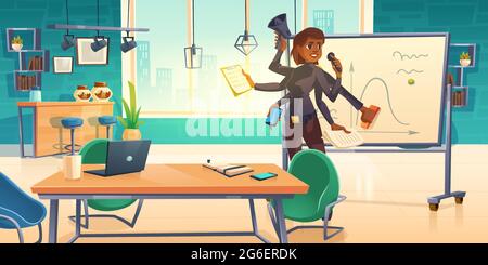 Business woman with many hands make presentation in office with white marker board. Multitask concept. Vector cartoon illustration of businesswoman with smartphone, speaker and documents in arms Stock Vector