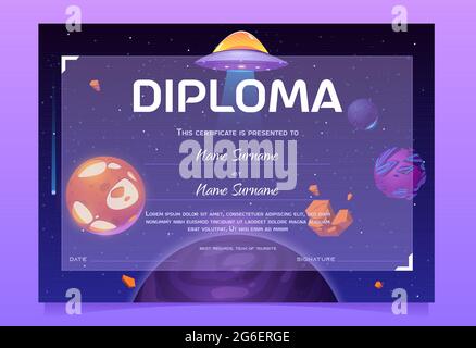 Kids diploma with ufo saucer and planets in space. Cartoon certificate, graduation frame for school or kindergarten with futuristic galaxy world. Achievement award frame with cosmos, vector template Stock Vector