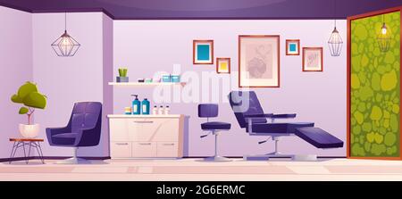 Tattoo studio or beauty salon interior. Modern empty room with armchairs for client and master, cosmetic jars, tools, equipment and stylish ink sketches hanging on wall, Cartoon vector illustration Stock Vector