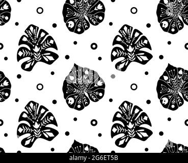 Tropical pattern with black liana and monstera leaves with folk pattern on white background with dots. Natural monochrome vector texture with foliage. Stock Vector