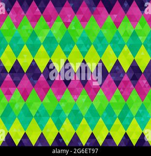 Geometric seamless harlequin pattern from rows of rhombuses in green, pink and purple colors. Mardi Gras holiday poster background design, wallpaper, packaging, wrapping paper, cover. Stock Vector
