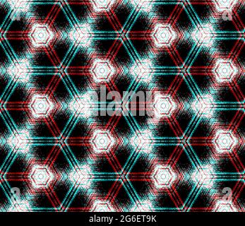 Seamless hexagon pattern in cyan, red, black and white colors, design element for poster, wallpaper, packaging, wrapping paper, cover. Art abstract glitch texture background with kaleidoscope effect. Stock Vector