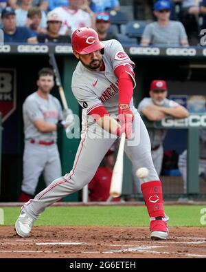 July 05, 2021: Cincinnati Reds Nick Castellanos (2) hits a solo home run in  the seventh inning at Kauffman Stadium in Kansas City, MO. Reds defeated  Royals 6-2. Jon Robichaud/CSM/Sipa USA.(Credit Image