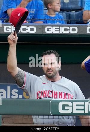 July 05, 2021: Cincinnati Reds Nick Castellanos (2) hits a solo home run in  the seventh inning at Kauffman Stadium in Kansas City, MO. Reds defeated  Royals 6-2. Jon Robichaud/CSM/Sipa USA.(Credit Image