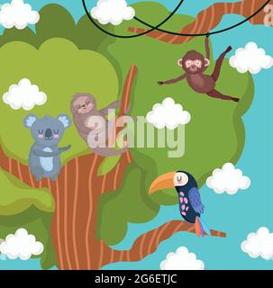 cartoon animals on branches tree Stock Vector
