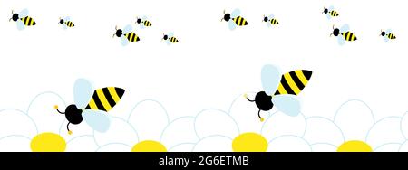 Many cute bees they fly to collect pollen from the flower. Vector Seamless pattern in white. Abstract  cartoon bee and chamomile. Stock Vector