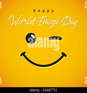 Happy world emoji day creative congrats. Isolated abstract graphic design template. Smile square icon and brushing style text. Cute funny vector sign Stock Vector
