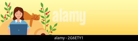 Girl with cat. Cozy house. Works at home, sits on the couch with cat and flowers. Wide banner with copy space for text. Vector illustration  in flat s Stock Vector