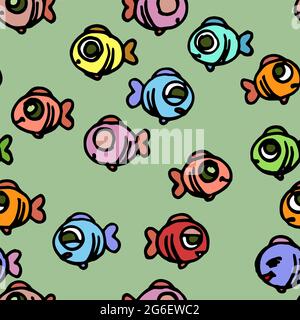 fish. Seamless illustration. Cartoon sketch style. Hand outline drawing cheerful funny underwater animal. vector Stock Vector