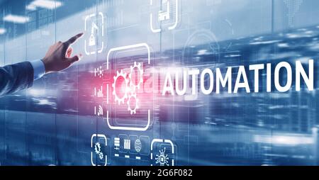 Man clicks on 3d virtual screen Automation. Optimization of business and production processes. Stock Photo