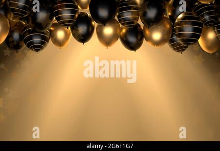 Festive elegant background with gold and black balloons. Illustration for congratulations on the new year, Christmas, birthday. 3D Render. Stock Photo