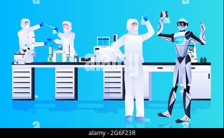 robot with scientists in protective suits making experiments in lab ...