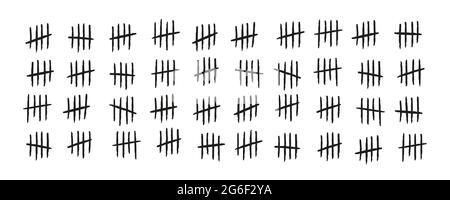 Tally marks. Hand drawn lines or sticks sorted by four and crossed out. Simple mathematical count visualization, prison or jail wall counter. Vector Stock Vector