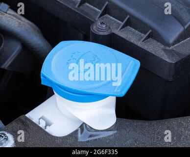 Windshield washer fluid reservoir cap. Windshield washer liquid cap inside  a car engine. Closeup cap windshield cleaner water liquid tank Stock Photo  - Alamy