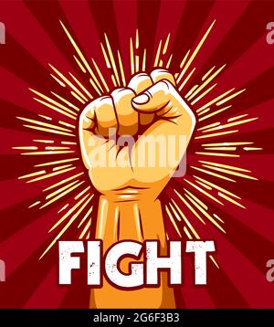 Emblem of Rised Fist and wording Fight. Riot Revolution Protest concept. Vector illustration. Stock Vector