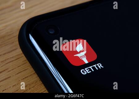 In this photo illustration a MeWe app seen displayed on a smartphone with  the MeWe logo in the background. (Photo by Thiago Prudencio / SOPA  Images/Sipa USA Stock Photo - Alamy