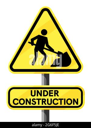 Under Construction Sign with Man Digging Ground. Stock Vector