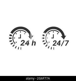 24 7 clock circle arrow for nonstop service icon. Non stop, twenty four hours support vector. Stock Vector