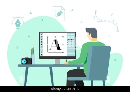 Man graphic designer work at computer in workplace. Male creative specialist freelancer or advertising agency studio employee develop design layout on monitor screen. Freelance professional occupation Stock Vector