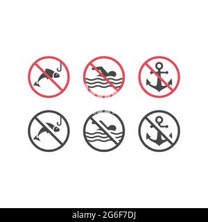 No swimming, fishing and dock red prohibition sign. Warning icon set with fish, swimming man and anchor. Stock Vector