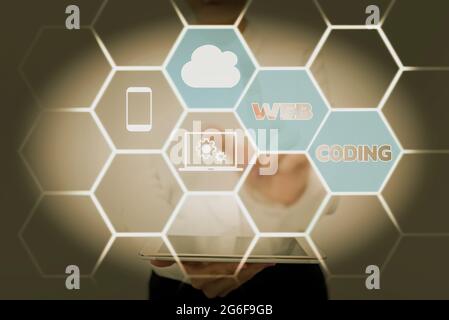 Sign displaying Web Coding. Concept meaning a system of symbols and rules used to represent instructions Lady Holding Tablet Pressing On Virtual Stock Photo