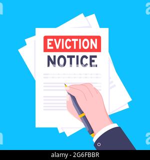 Hand holds eviction notice legal document with stamp, paper sheets and file vector illustration flat style design. Stock Vector
