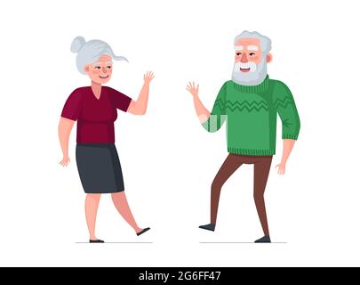 Elderly active joyful man and woman couple dancing. Healthy happy old age concept. People seniors enjoy spending time together on dance party. Grandma and Grandpa celebrate marriage date illustration Stock Vector