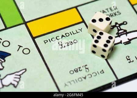 Close up of Piccadilly on a traditional Monopoly board. Stock Photo