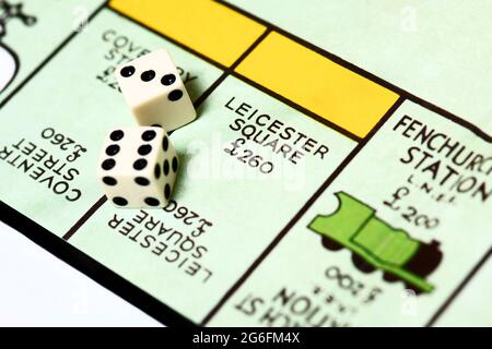 Close up of Leicester Square on a traditional Monopoly board. Stock Photo