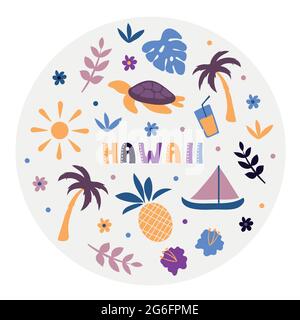 USA collection. Vector illustration of Hawaii. State Symbols - round shape Stock Vector