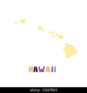Hawaii map isolated. USA collection. Map of Hawaii - yellow silhouette. Doodling style lettering on white Stock Vector