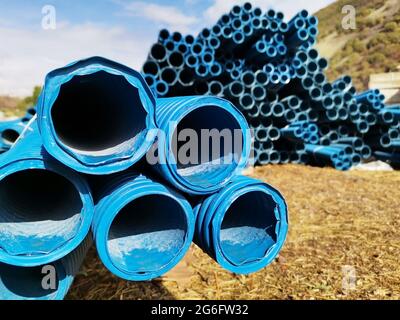 Plastic pipes. Blue pipes. Stock Photo