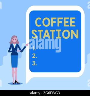 Hand writing sign Coffee Station. Concept meaning a small, informal restaurant that typically serves hot drinks Displaying Important Informations Stock Photo